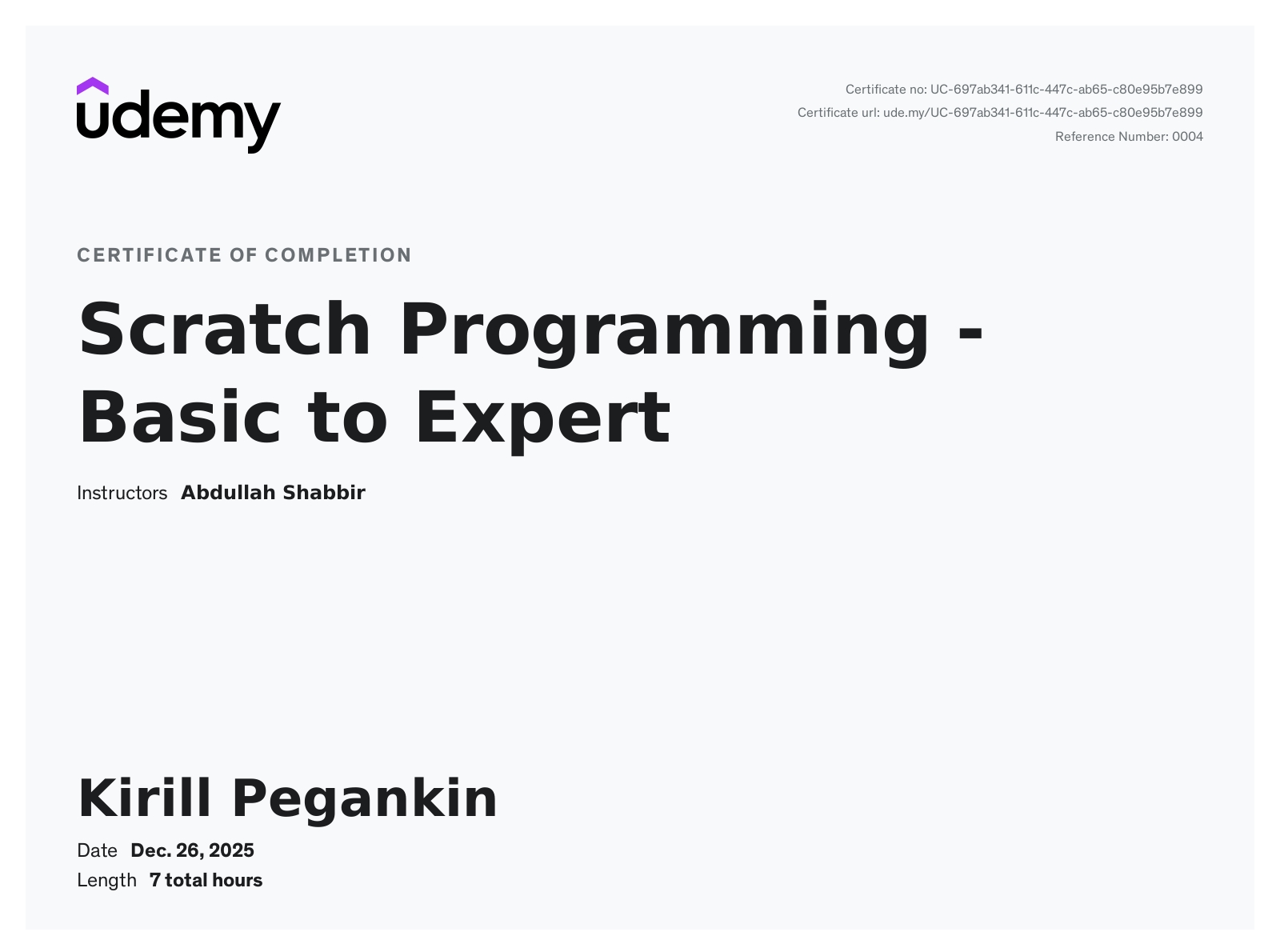 Udemy Scratch Programming Certificate